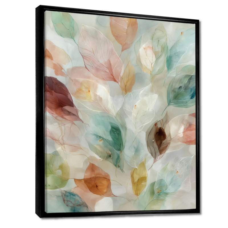 «Soft Leaves In Hazy Watercolor - Plants», impression sur toile botanique verte, H 44 po x l 34 po, Cadre flottant, Noir