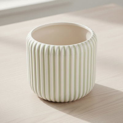 Elegant Soft Sage Striped Ceramic Flower Pot
