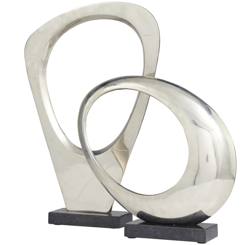 Bhimsen Aluminum Metal Abstract Decorative Silver Sculpture with Marble Base Set, Silver