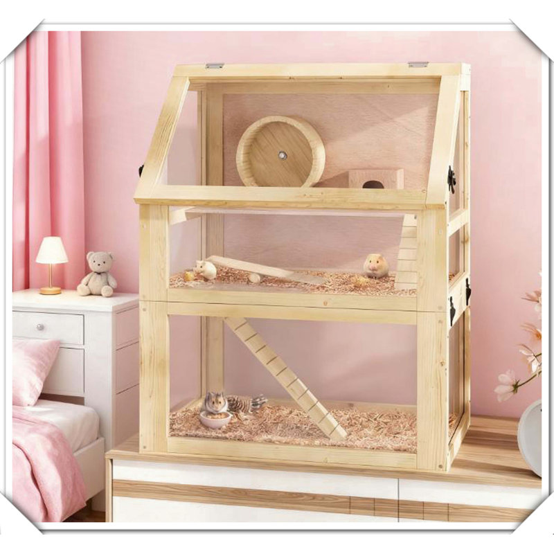 Cage à hamster en bois à 3 niveaux avec fond amovible