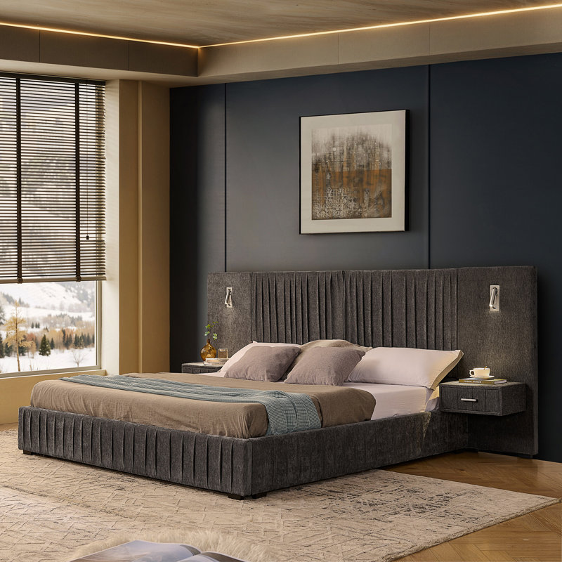 Très grande base de lit tapissier avec table de chevet intégrée, lampes réglables et tête de lit à texture ondulée