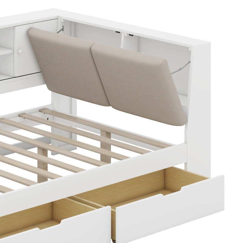 Full Size Corner Bed Frame With Storage Bookcase And Upholstered Headboard, Charging Station And Drawers, Full, White
