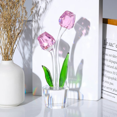 Decorative Crystal Tulip Flower Figurine with Faceted Blooms, Green Leaves and Clear Base