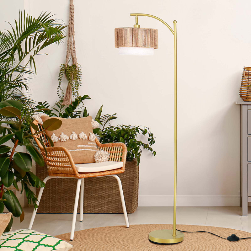 Lampe sur pied à double abat-jour en rotin et lin 62,8 po, Doré
