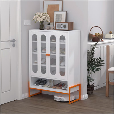 Armoire à chaussures moderne à double porte minimaliste avec portes réglables en filet et fond creux pour armoire de rangement à haut pied, compatible avec les aspirateurs robotiques