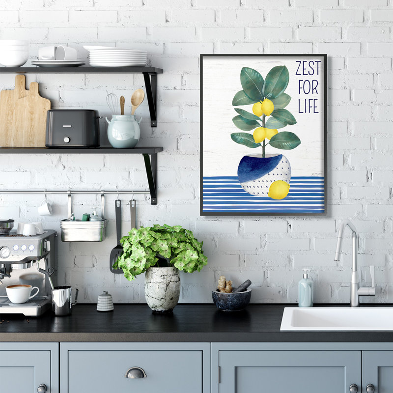 Zest for Life Lemon Plant Blue Stripes par Jennifer Pugh - impression, H 30 po x l 24 po, Giclée encadrée noir minuit
