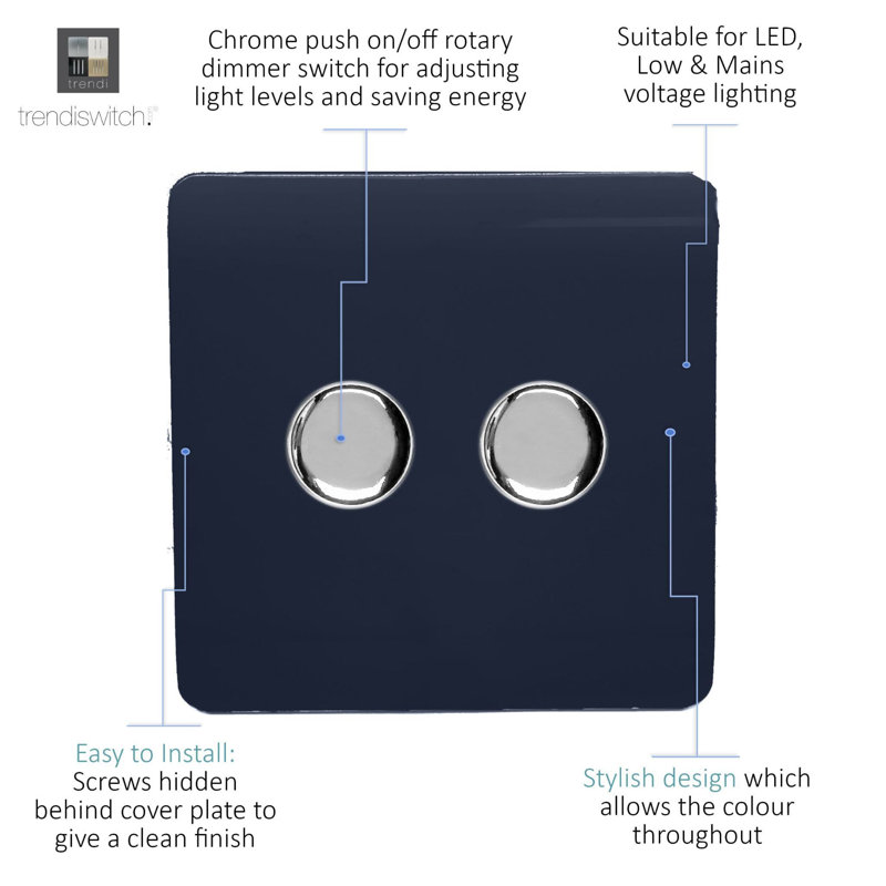 Trendi Switch 2 Gang 1 or 2 way 100w Rotary LED Dimmer Light Switch, Navy