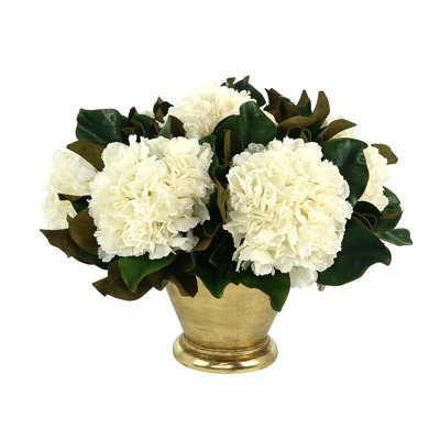 Hydrangea and Magnolia Leaf Arrangement in a Metal Vase
