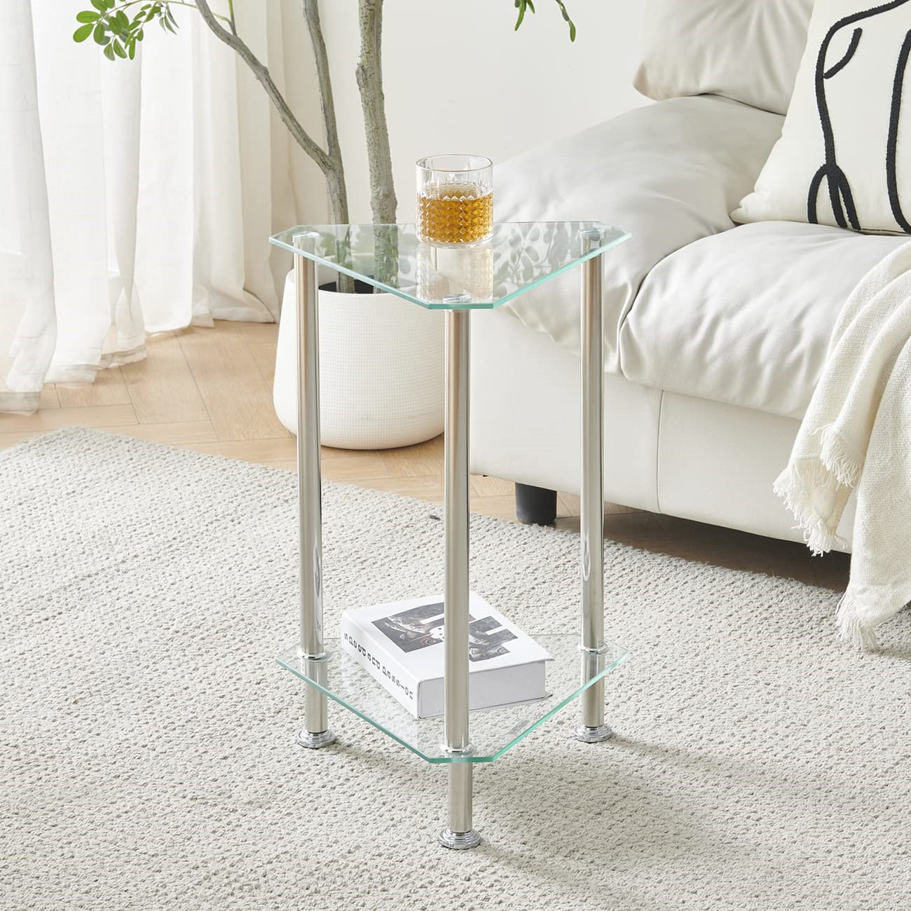Glass Sofa Table Side Table Small With Storage Shelf Living Room 2 Tiers Corner Coffee End Table Bedroom Little Nightstand Beside Table Clear