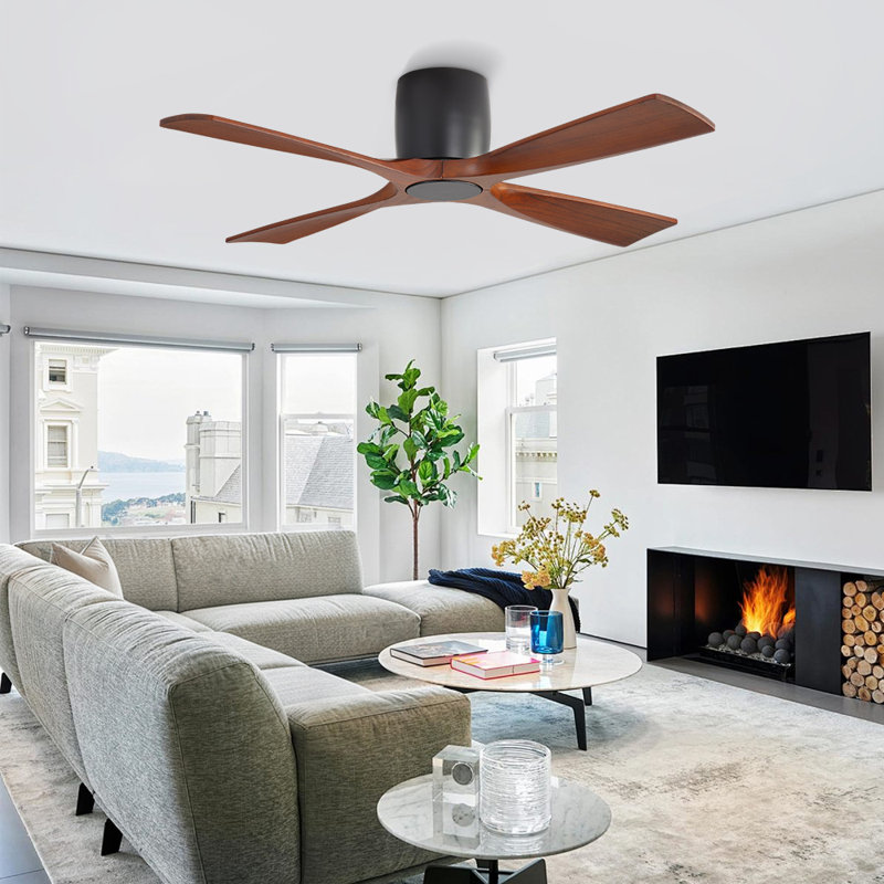 48 In Solid Wood Blades Dc Flush Mount Ceiling Fan With Remote, Black and Walnut, 48" Wide, Black, Walnut