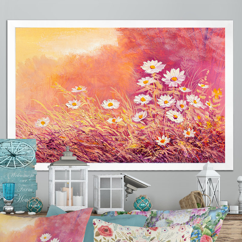 «Abstract White Marguerite Daisy», reproduction sur toile flottante, Cadre photo blanc, H 24 po x l 36 po x P 1 po