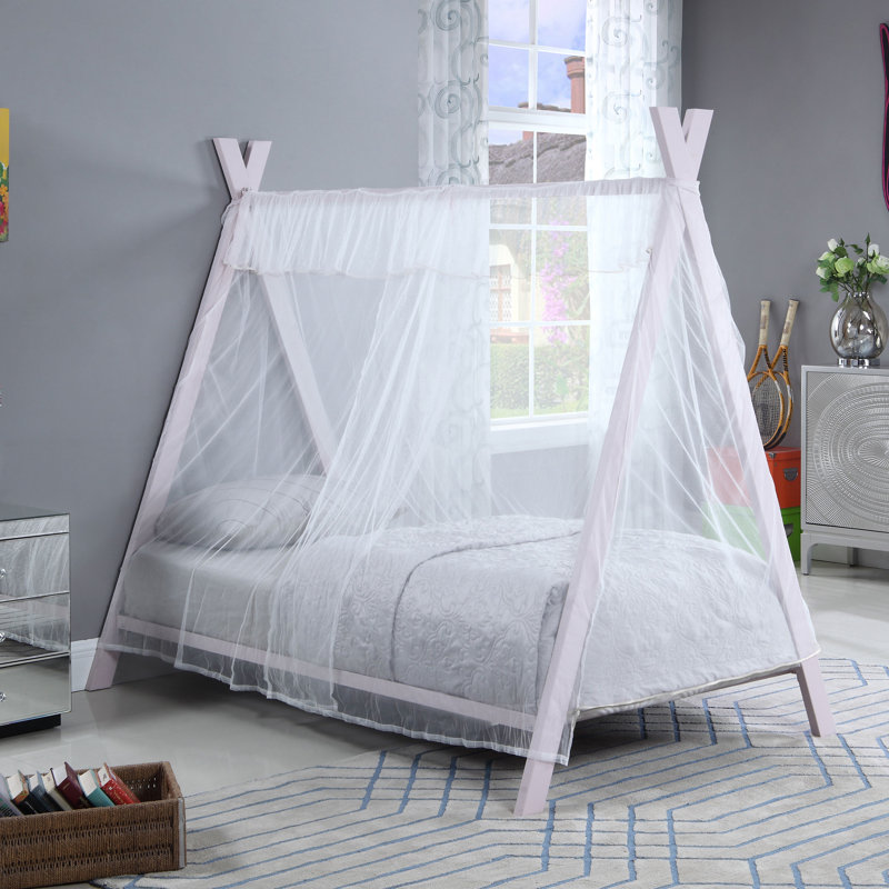 Pink Twin Metal Tent Bed with Sheer Fabric Canopy