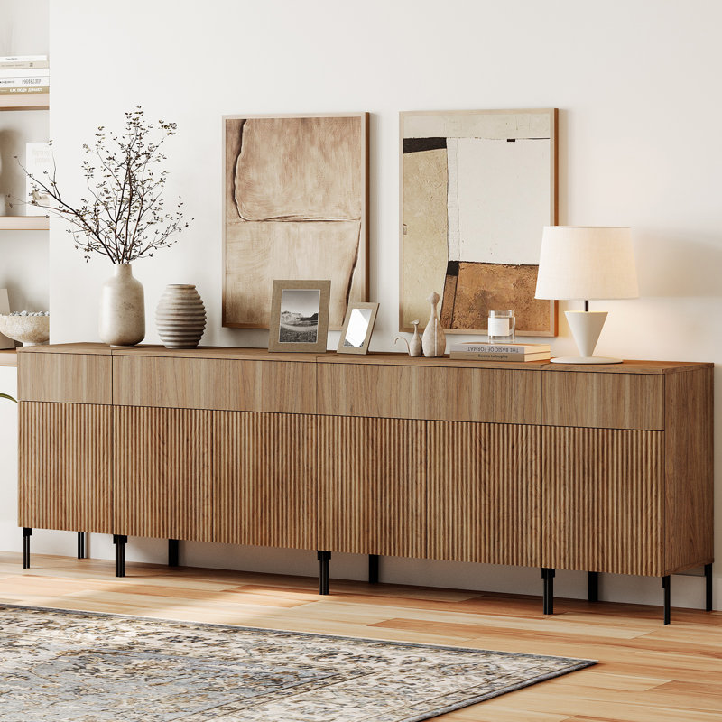 Ensemble d'armoires décoratives 94,5 po Reeded avec station de charge, armoire de rangement moderne avec portes et tiroirs pour le salon, la cuisine, la salle à manger, le couloir