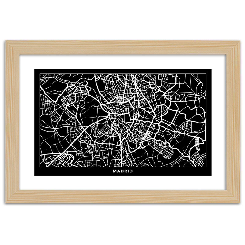 City Map of Madrid 1 Piece Single Picture Frame Wall Art, 60cm H x 90cm W, Light Brown