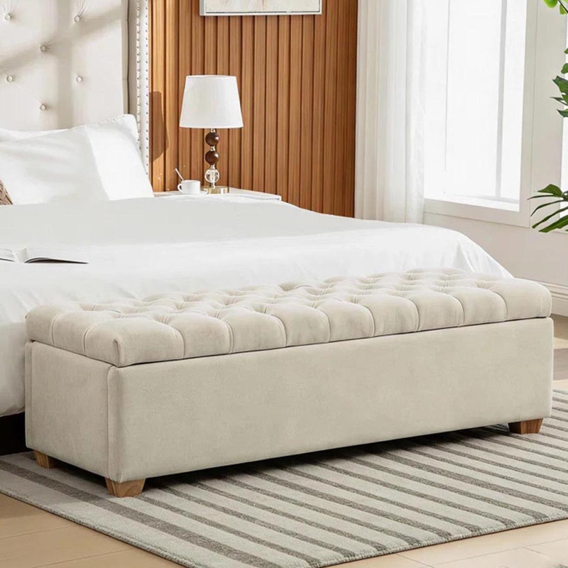 60.2'' Wide Chenille Upholstered Storage End of Bed Bench, Tufted Flip-Top Accent Window Bench Footrest Stool Ottoman with Legs for Living Room, Bedroom, Entryway, Dining Room, Dorm, Corner, Beige