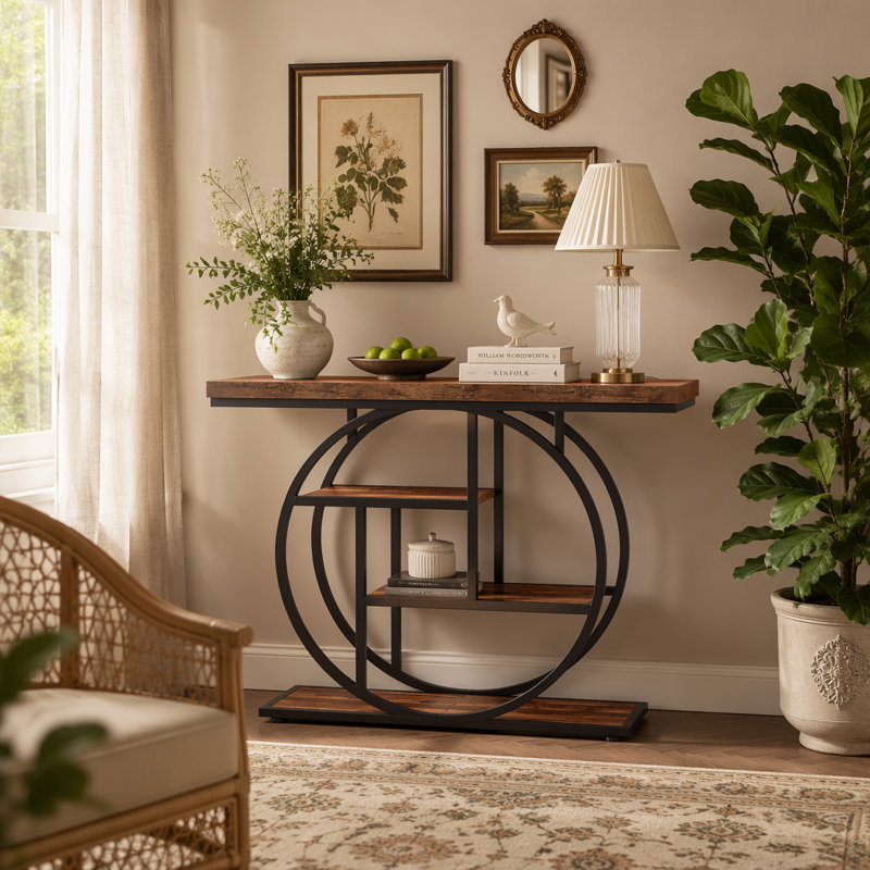 Console 41,3 po, table d'entrée industrielle à 4 niveaux avec base circulaire, Dark Brown/Black