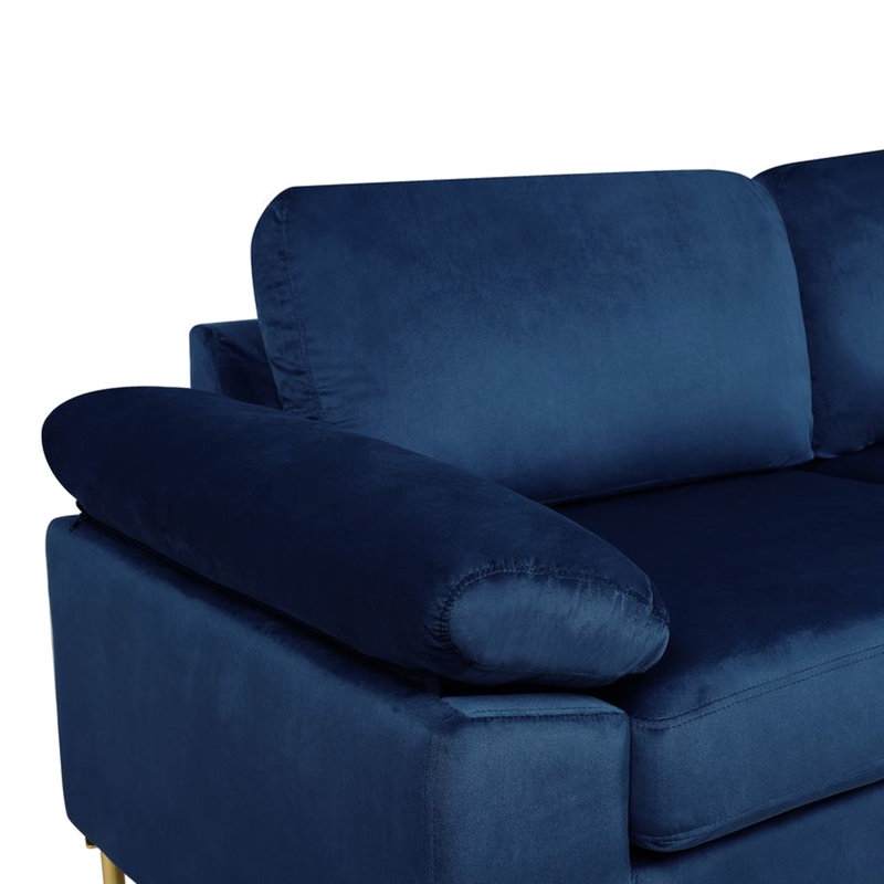 Siège à 3 places en velours bleu côtier de style Mid-Century, structure en bois massif, pieds en métal au fini doré, accoudoirs coussinés, dossier et coussins amovibles, en forme de L pour les coins du salon avec mélange, d'ingénierie