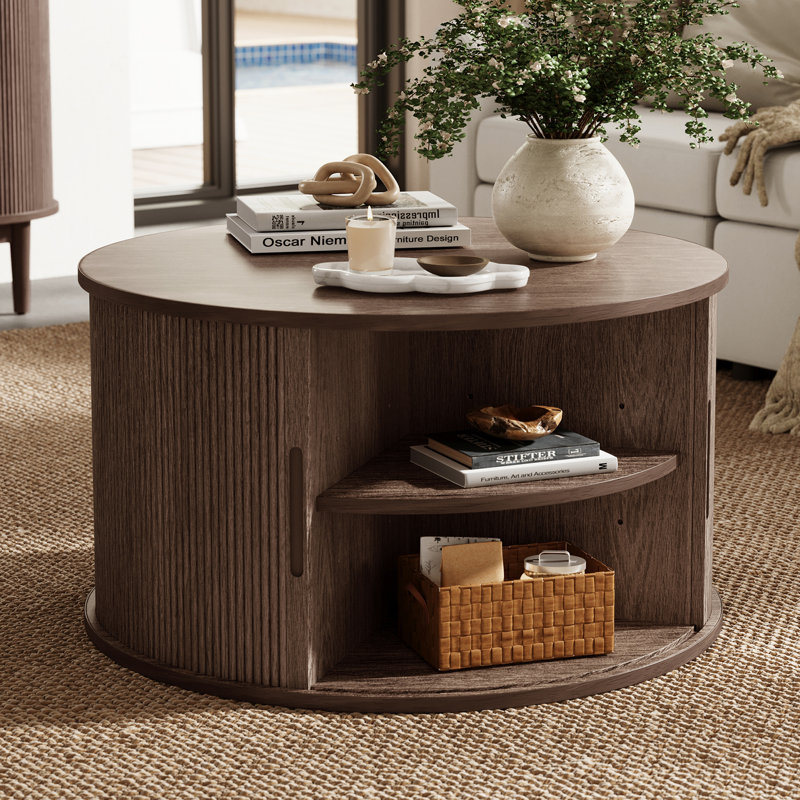 Table basse ronde avec grand rangement Leathia, Marron foncé