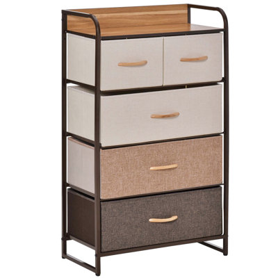 Commode de rangement pour 4 chambres. Rangez facilement vos affaires dans ses 3 grands tiroirs et 2 petits. Modèle pliable et portable. Structure en acier, plateau en bois. Système anti-basculement. Dimensions : 58 cm (L) x 29 cm (P) x 99 cm (H).