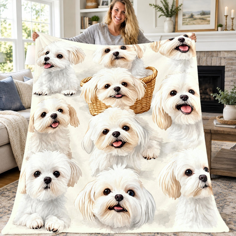 1pc Plush Throw Blanket, Cute Maltese Dog Pattern Flannel Blanket, Super Soft Cozy Lightweight Warm Blanket for Sofa Couch Bed Living Room Dorm Office Travel, Home Decor All‑Season Blanket,, Holiday Birthday Gift