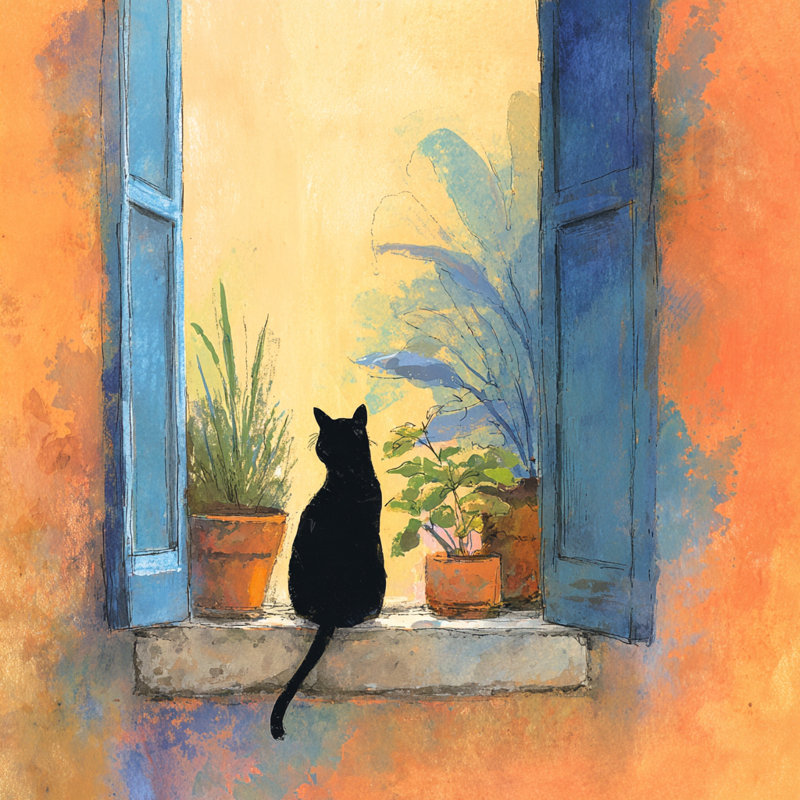 «Window Garden Cat II», art mural sur toile tendue, L 30 po x H 30 po x P 1,5 po