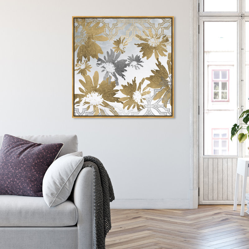 «Abstract Golden Garden Flowers», reproduction d'impression sur toile, H 20 po x l 20 po x 1,5 po, Encadrement doré