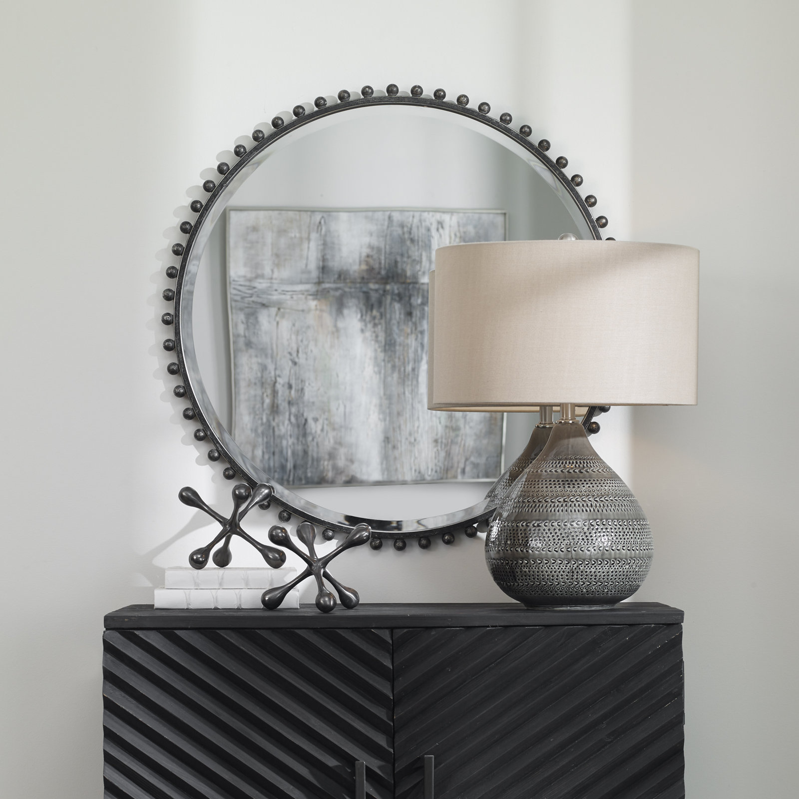 Bedonia 32" Round Metal Wall Mirror, Black