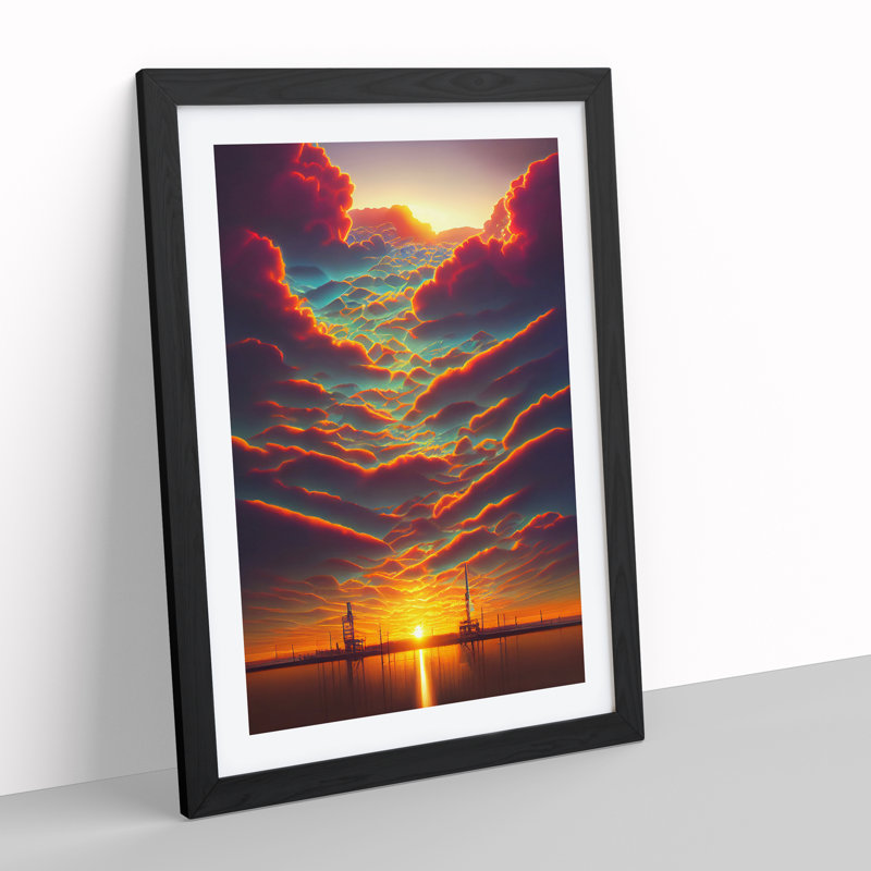 Sunset over the Ships - Wall Art, 34cm H x 25cm W x 2cm D, White, Black Framed Paper