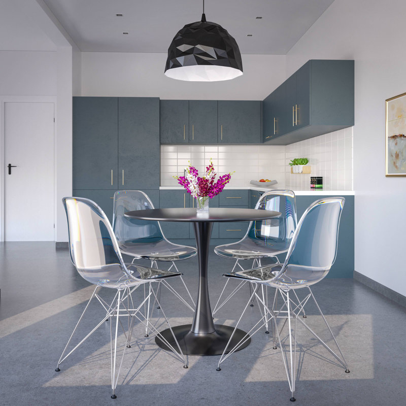 Elkton 5-Piece Dining Set With 35" Round MDF Table And 4 ABS Plastic Side Chair With Chrome Base Elkton Collection, Clear