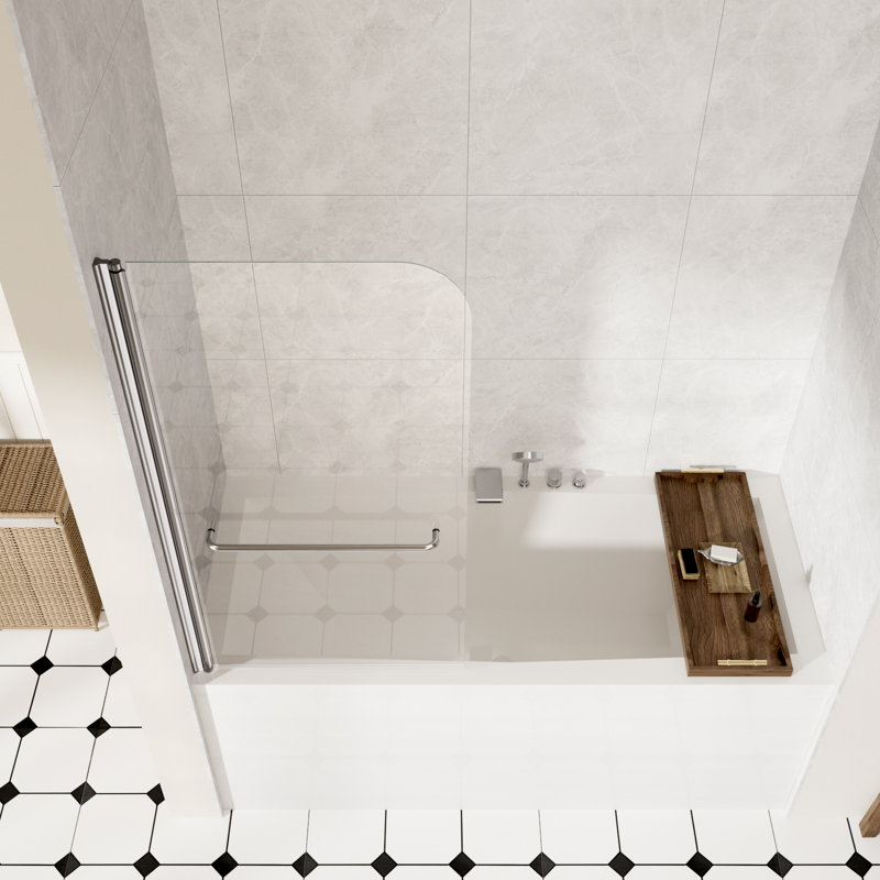 34" W x 58" H Bathtub Shower Door, 180 Degrees Pivot Tub Shower Glass Door with 1/4" (6mm) Tempered Glass and Towel Bar, Chrome Finish, Explosion-Proof Film, Stainless Steel