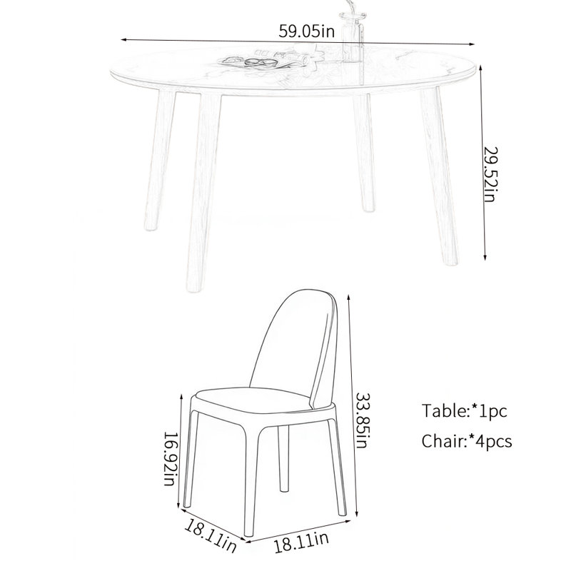 Ensemble de table de salle à manger Modern, H 29,52 po x l 59,05 po x P 59,05 po, 5 pièces: table, 4 chaises