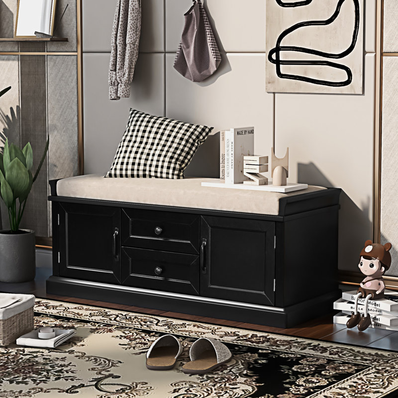 Banc de rangement avec 2 tiroirs et 2 armoires, Noir, noir, noir, noir