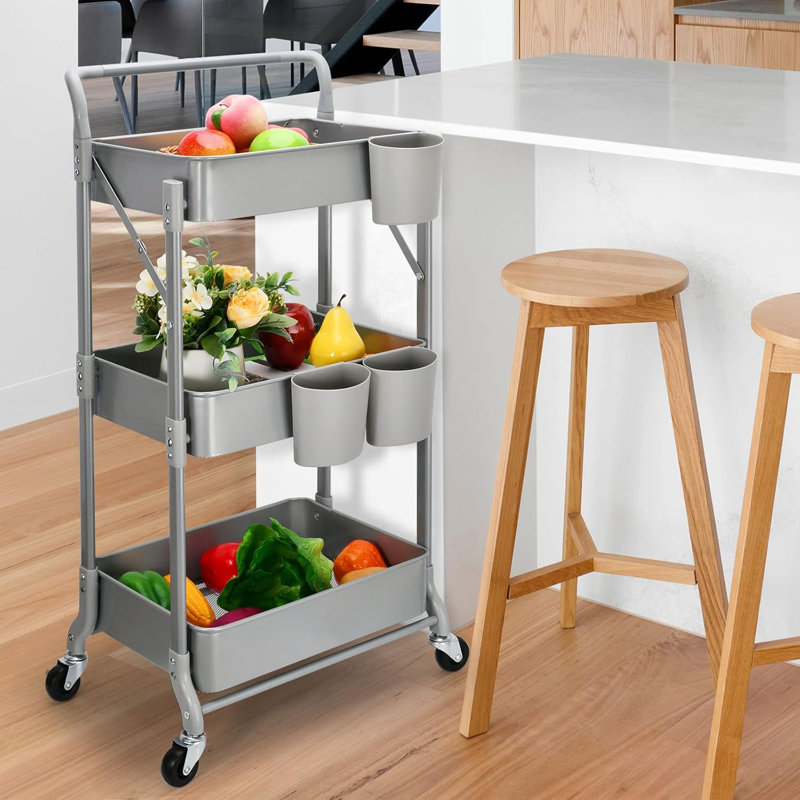 Chariot roulant pliable à 3 niveaux, Gris, H 39,76 po x l 17,7 po x P 11 po