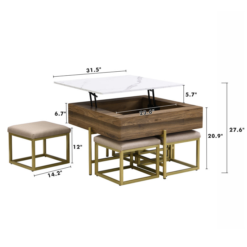Ensemble de tables basses à plateau relevable moderne avec rangement et 4 repose-pieds blanc et noyer