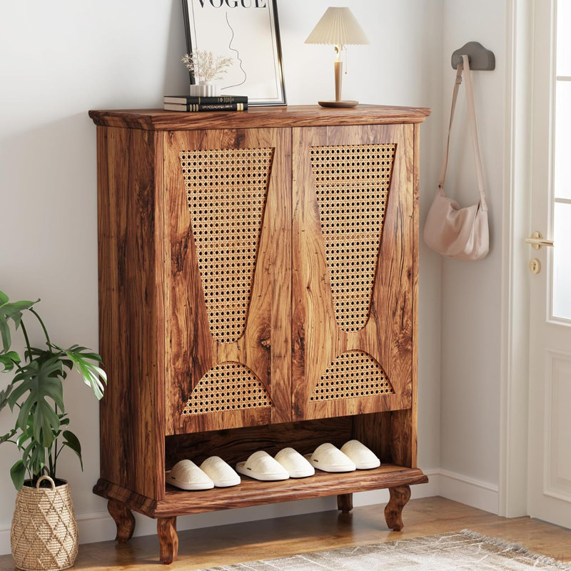 Armoire à chaussures 25,92 po en rotin naturel moderne avec range-chaussures autoportant à 5 niveaux avec portes ventilées