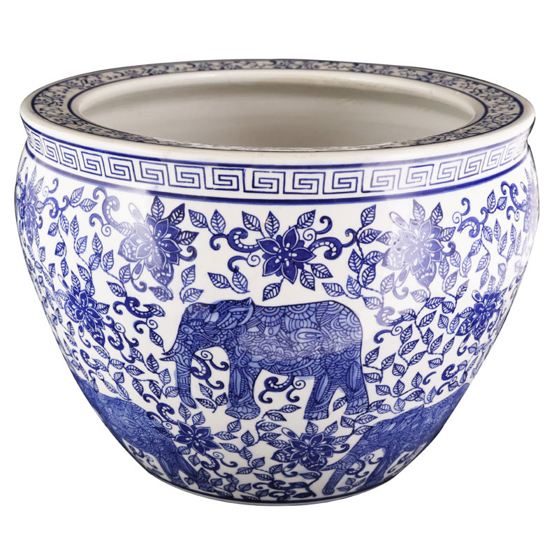 Blue And White Porcelain Fishbowl With Elephant Design, 6.5" H x 8" W x 8" D
