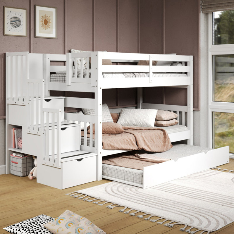 Tena Twin over Twin Solid Wood Standard Bunk Bed with a 3 Step Stairway, 3 Built-In Drawers, Twin Trundle, White, White