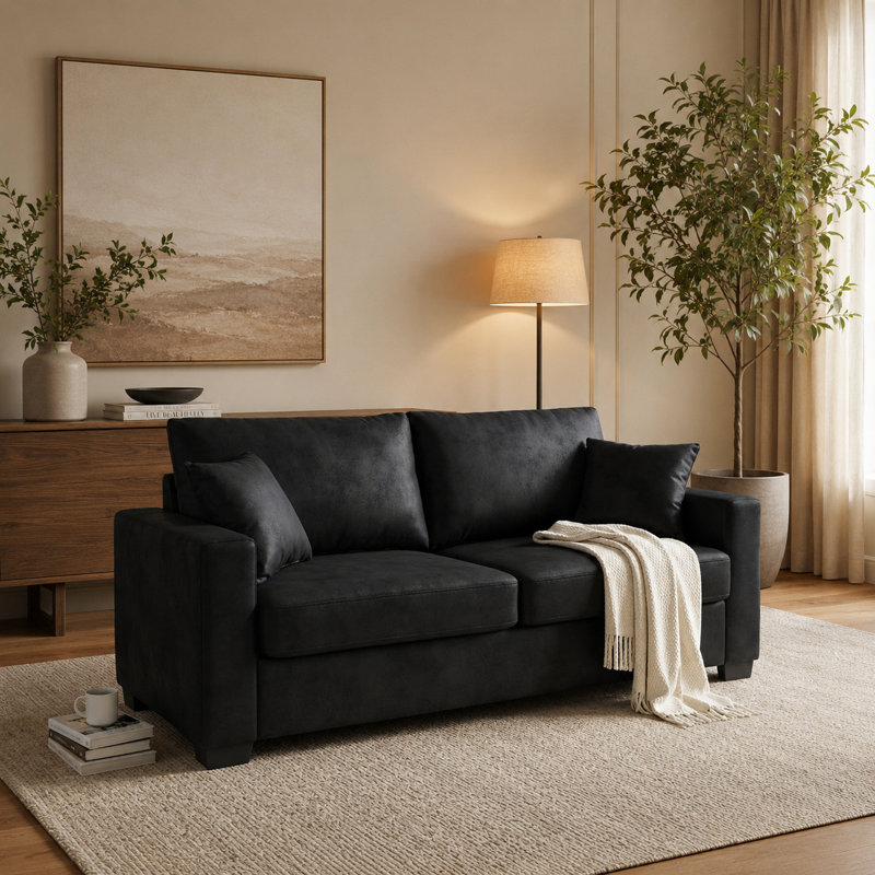 Causeuse en polyester texturé de 69 po de largeur avec 2 coussins décoratifs Solenne, Noir