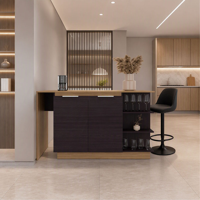 Table de comptoir de bar et de cuisine moderne avec 2 portes de rangement Lumina, 3 tablettes latérales ouvertes et une table de préparation spacieuse