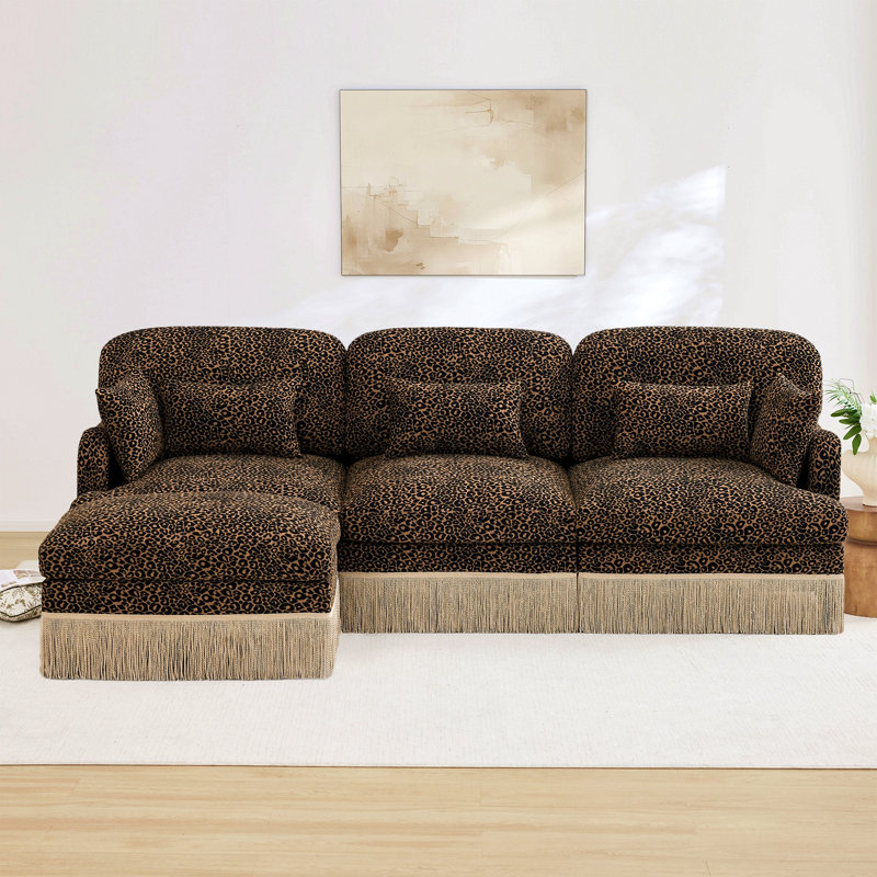 Canapé en L 100 po à imprimé léopard confortable en chenille, bord de pampille délicat, repose-pieds mobile, style moderne, dossier et siège ergonomiques, assemblage facile, siège profond
