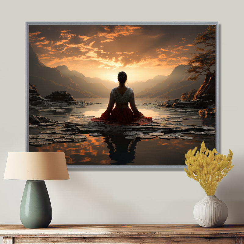 «Black Peach Meditation Eernal Now», reproduction d'art sur toile encadrée, H 34 po x l 44 po x P 1,5 po, Encadrement argenté