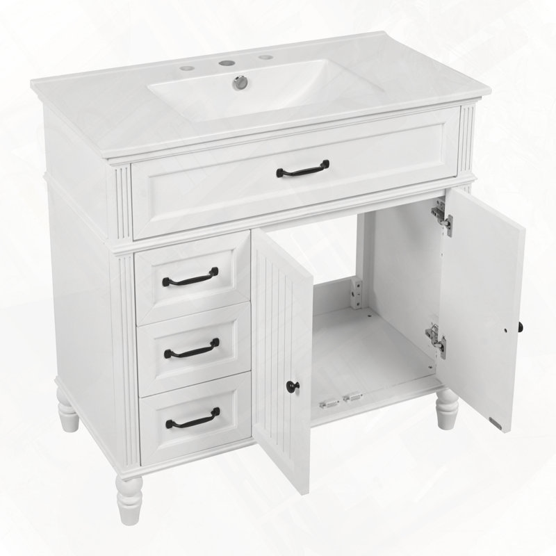 Bathroom Vanity with Sink Cabinet Drawers and Solid Frame MDF Board, White