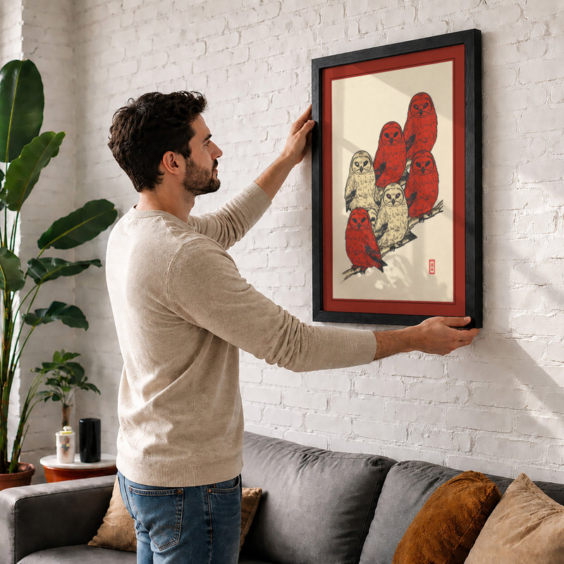 Five Owls Arranged Japandi - Framed Print, Unframed, A4 - 29.7 x 21.0 cm