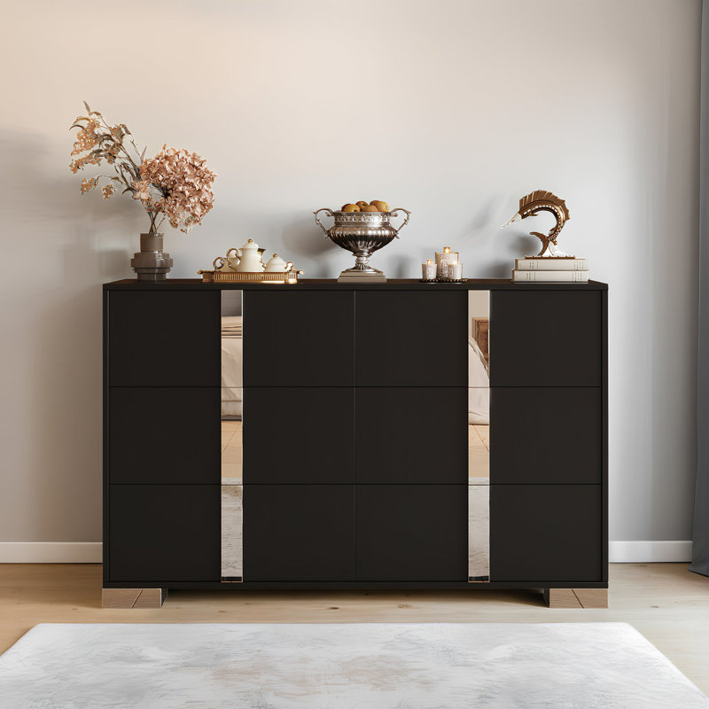 Commode à 6 tiroirs de 47 po avec poignées en miroir et armoire de rangement anti-basculement noire 47 po