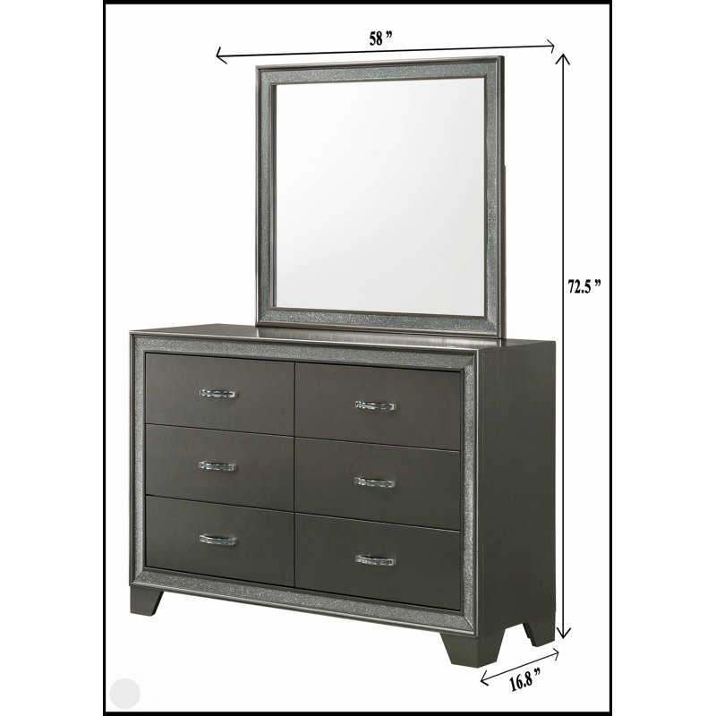 Commode contemporaine 1 pièce avec accents étincelants, six tiroirs, finition gris foncé foncé pour un rangement moderne