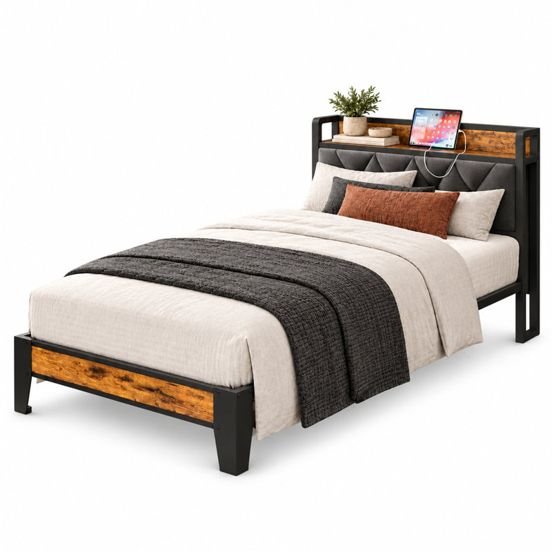 Havin Upholstered Standard Bed with Shelves, Twin, Gray