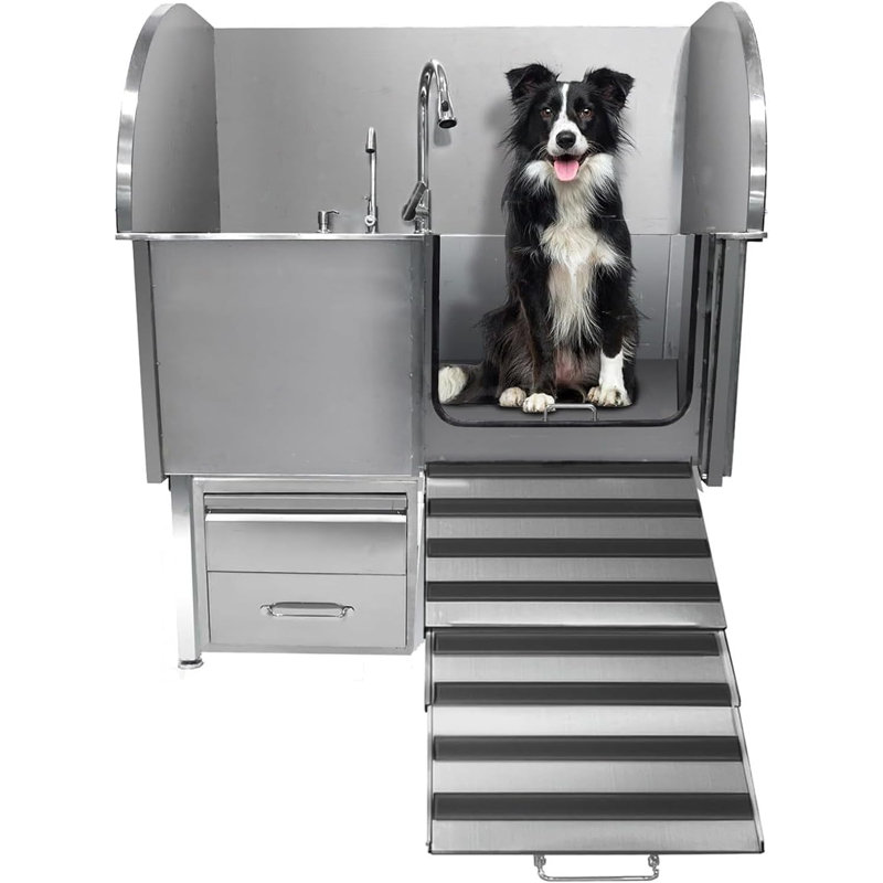Professional Dog Washing Station, Stainless Steel Dog Grooming Tub with Foldable Ramp, Storage Drawer, Floor Grate & Faucet, Dog Bathtub for Large, Medium & Small Dog