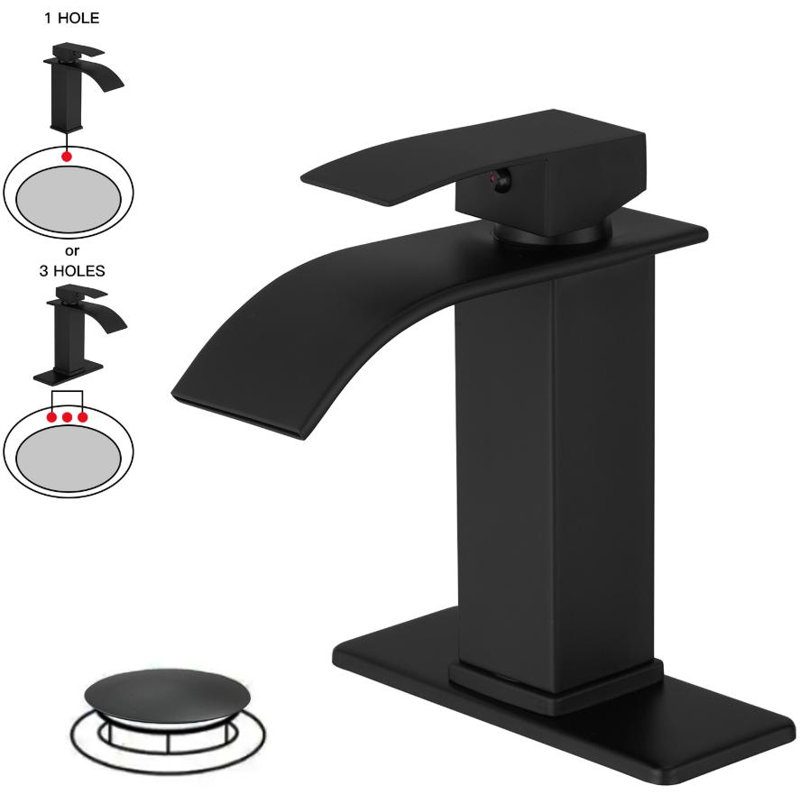 Novo Waterfall Vessel Single Hole,Single Handle Bathroom Sink Faucet with Deck Plate & Drain Assembly, Matte Black