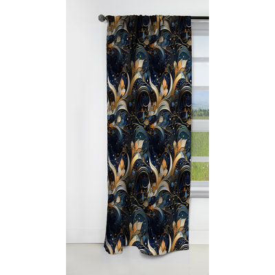 Midnight Blue And Golden Floral Marble Pattern II - Abstract Marble Blackout Curtain 1 Panels