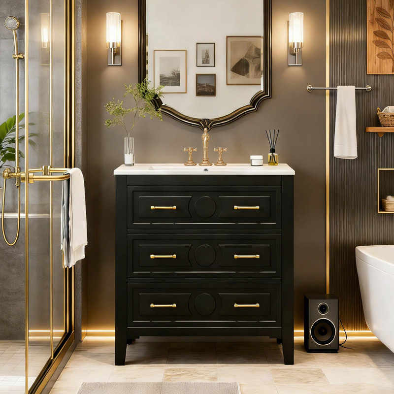 Meuble-lavabo encastré en céramique 30 po avec 3 tiroirs et fabrication en bois massif, Noir